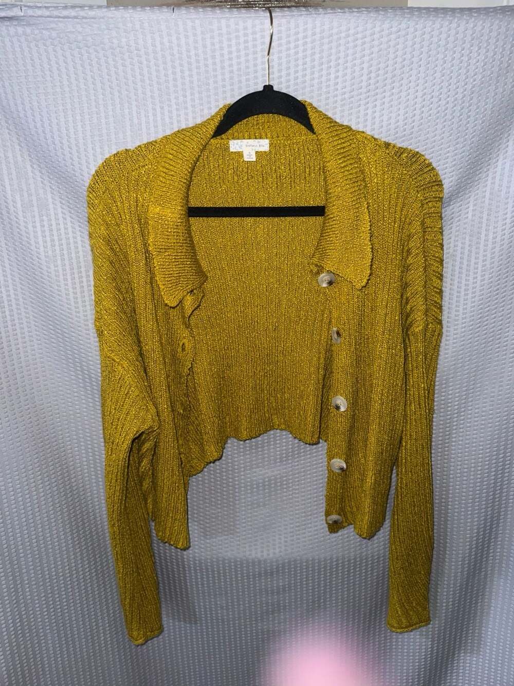 Endless Blu Mustard Yellow Cropped Button-Up Cardigan Sweater Size S